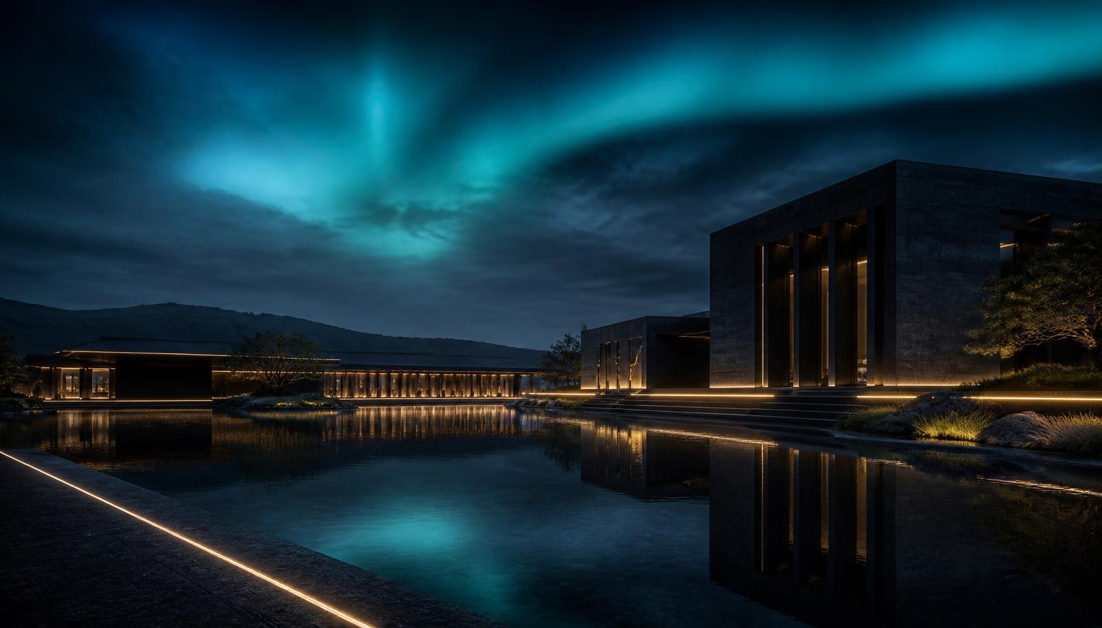Concept visual of a research and compute campus at dusk